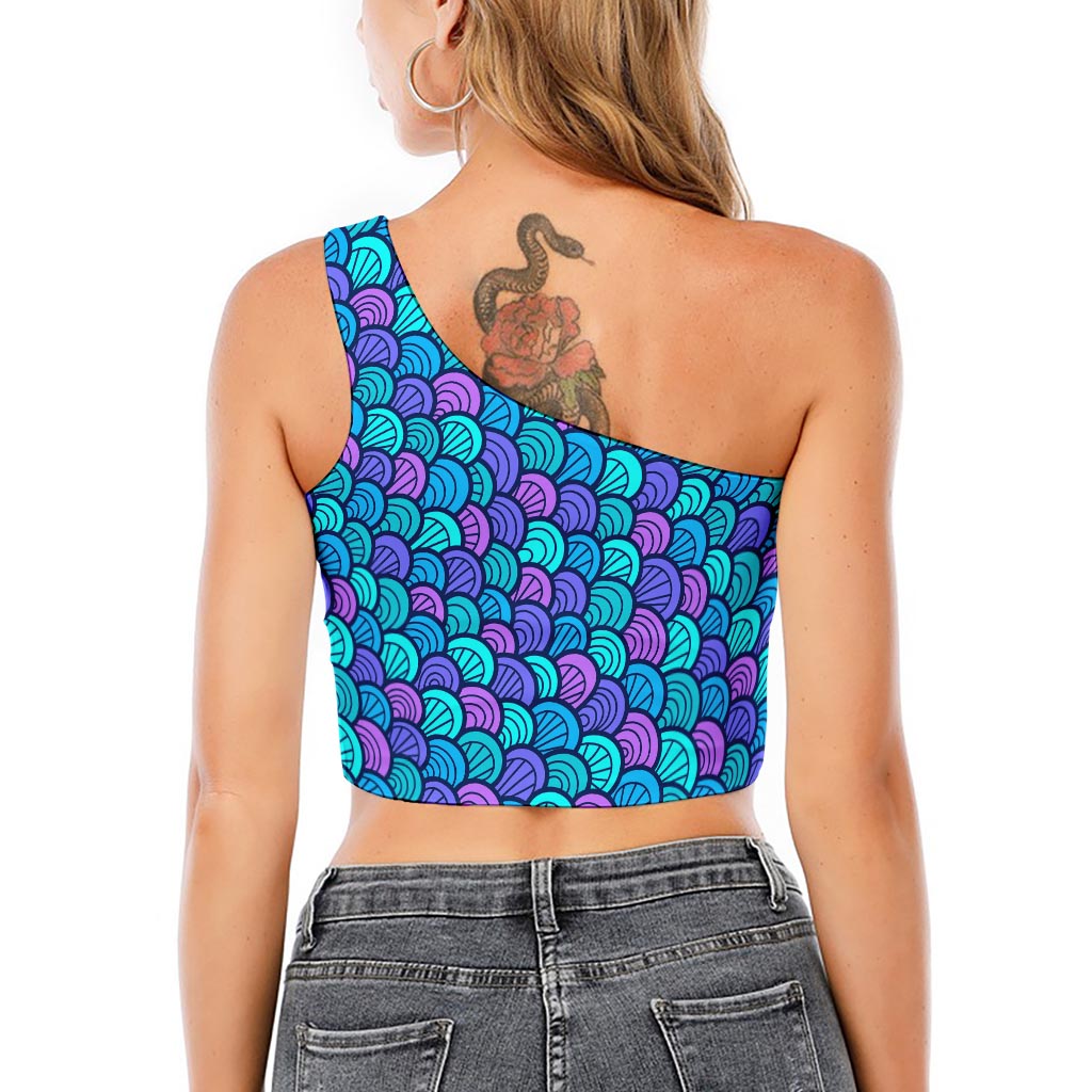 Teal Pink Mermaid Scales Pattern Print One Shoulder Crop Top