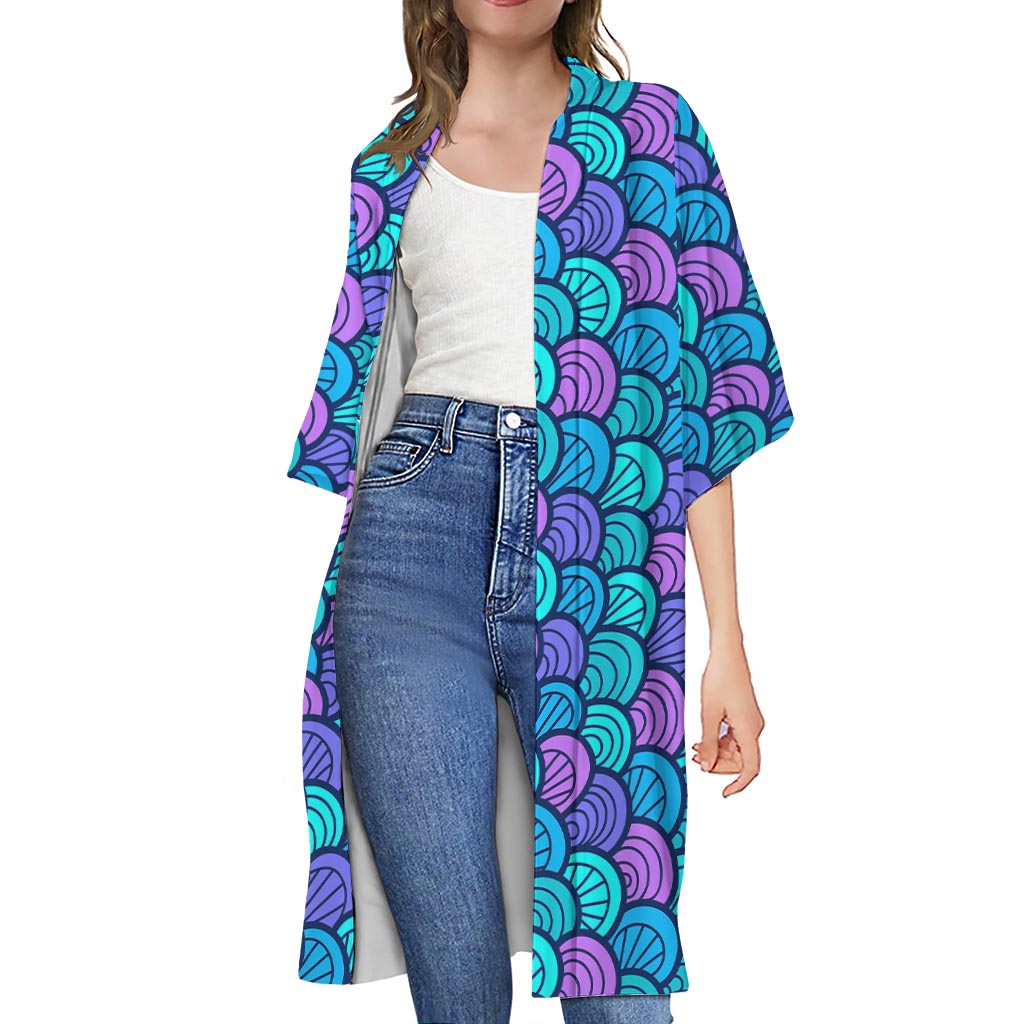 Teal Pink Mermaid Scales Pattern Print Open Front Beach Cover Up