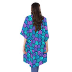 Teal Pink Mermaid Scales Pattern Print Open Front Beach Cover Up