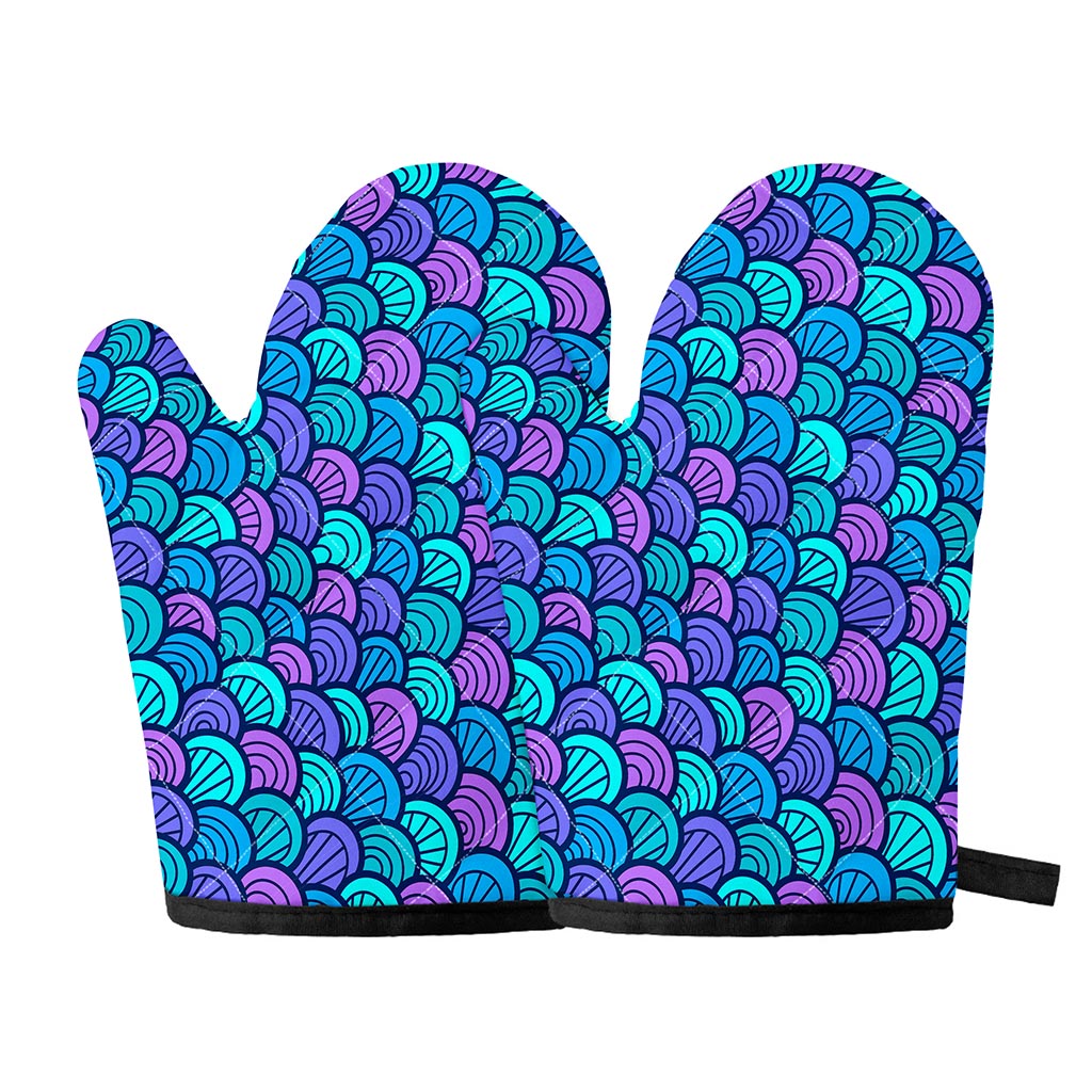Teal Pink Mermaid Scales Pattern Print Oven Mitts