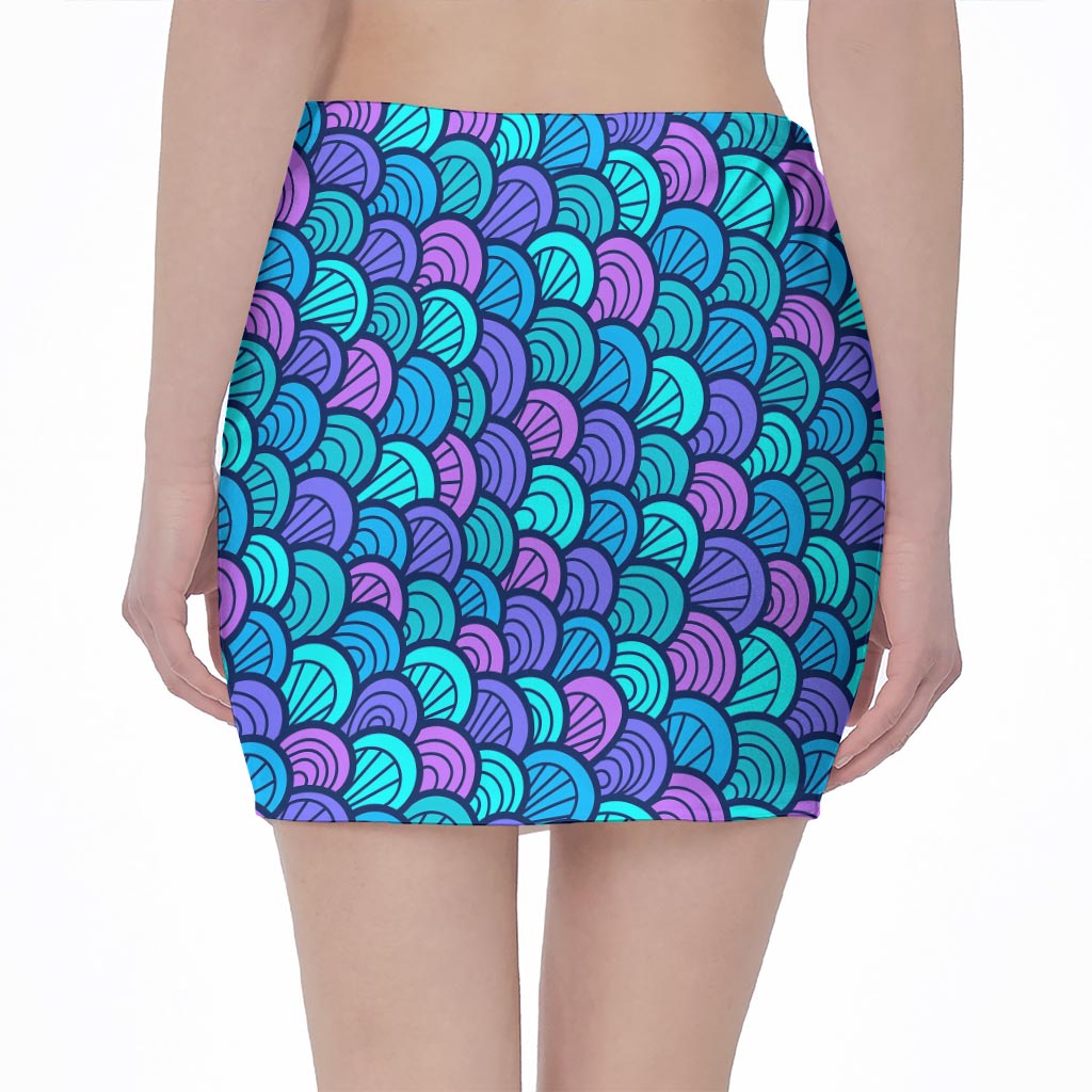 Teal Pink Mermaid Scales Pattern Print Pencil Mini Skirt