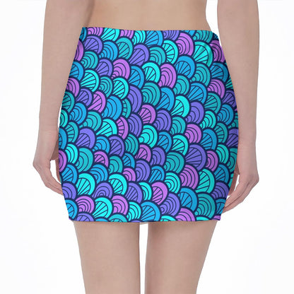 Teal Pink Mermaid Scales Pattern Print Pencil Mini Skirt