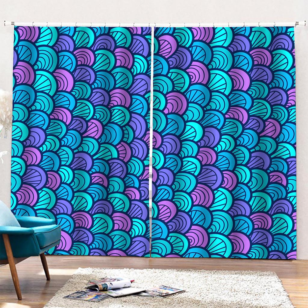 Teal Pink Mermaid Scales Pattern Print Pencil Pleat Curtains