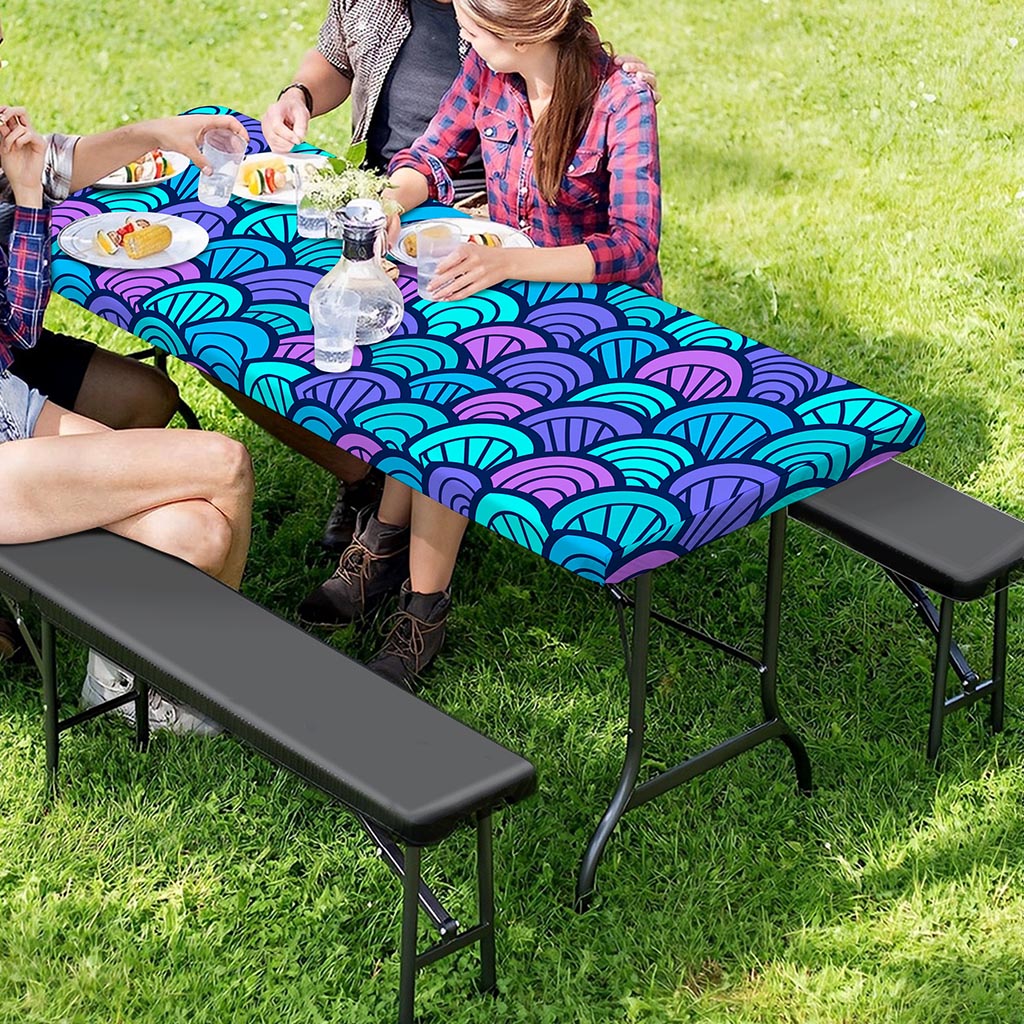 Teal Pink Mermaid Scales Pattern Print Picnic Table Cover