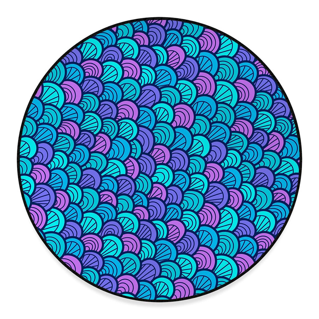 Teal Pink Mermaid Scales Pattern Print Round Floor Mat