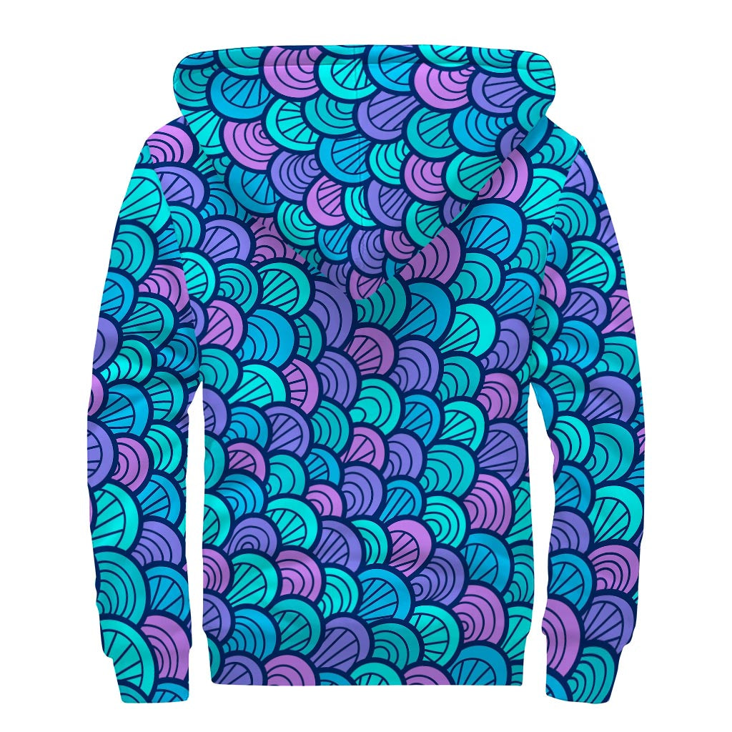 Teal Pink Mermaid Scales Pattern Print Sherpa Lined Zip Up Hoodie