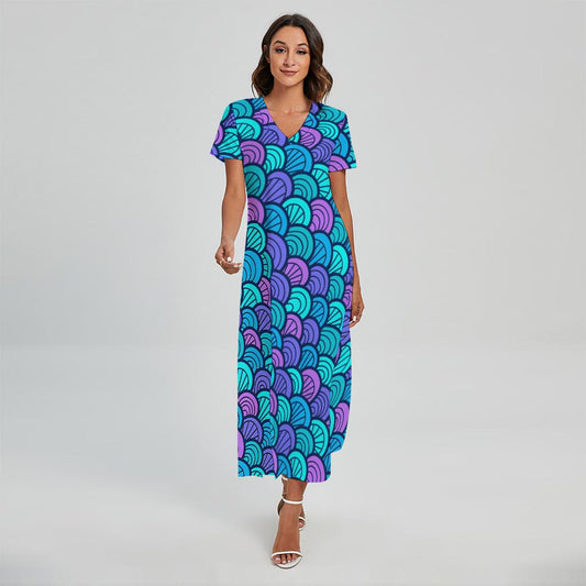 Teal Pink Mermaid Scales Pattern Print Short Sleeve Maxi Dress