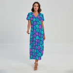 Teal Pink Mermaid Scales Pattern Print Short Sleeve Maxi Dress