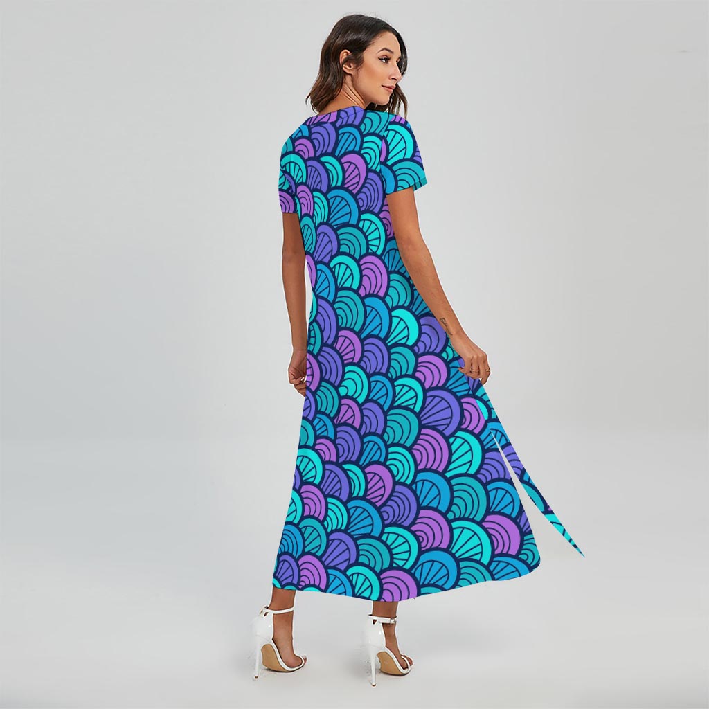 Teal Pink Mermaid Scales Pattern Print Short Sleeve Maxi Dress