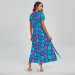 Teal Pink Mermaid Scales Pattern Print Short Sleeve Maxi Dress