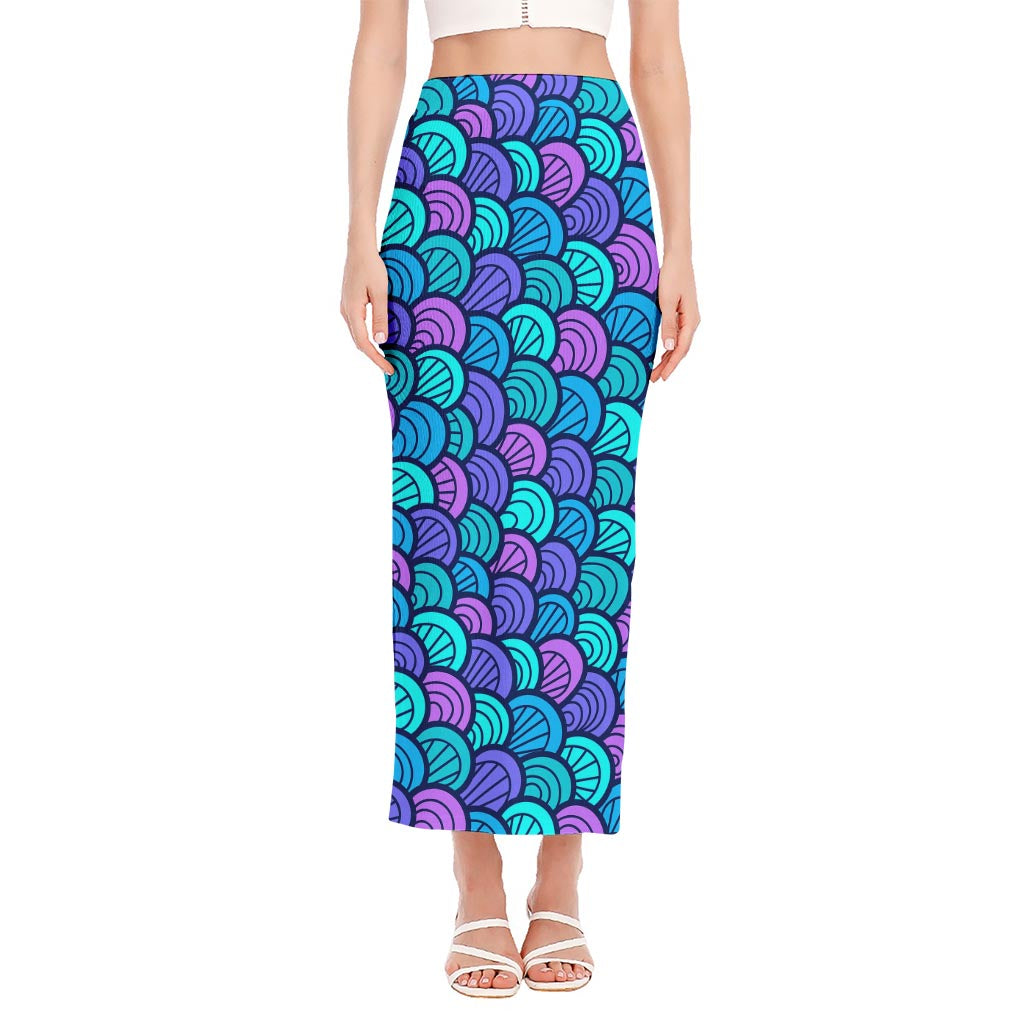 Teal Pink Mermaid Scales Pattern Print Side Slit Maxi Skirt