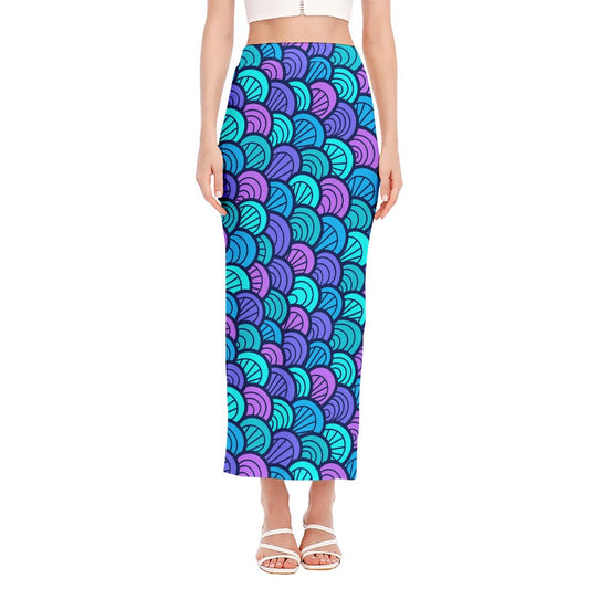 Teal Pink Mermaid Scales Pattern Print Side Slit Maxi Skirt