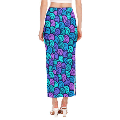 Teal Pink Mermaid Scales Pattern Print Side Slit Maxi Skirt