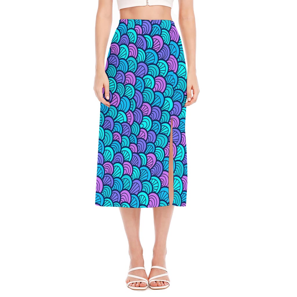 Teal Pink Mermaid Scales Pattern Print Side Slit Midi Skirt