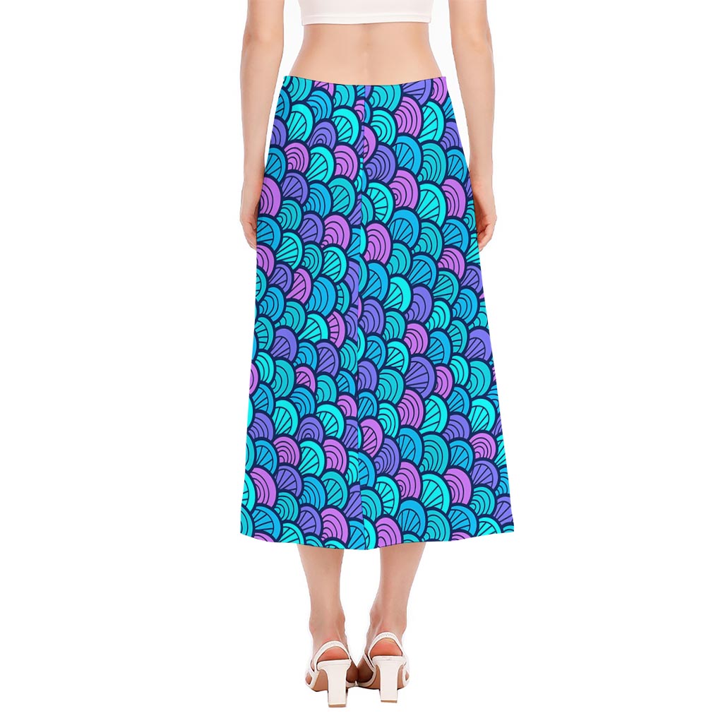Teal Pink Mermaid Scales Pattern Print Side Slit Midi Skirt