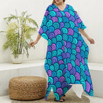 Teal Pink Mermaid Scales Pattern Print Silk V-Neck Kaftan Dress