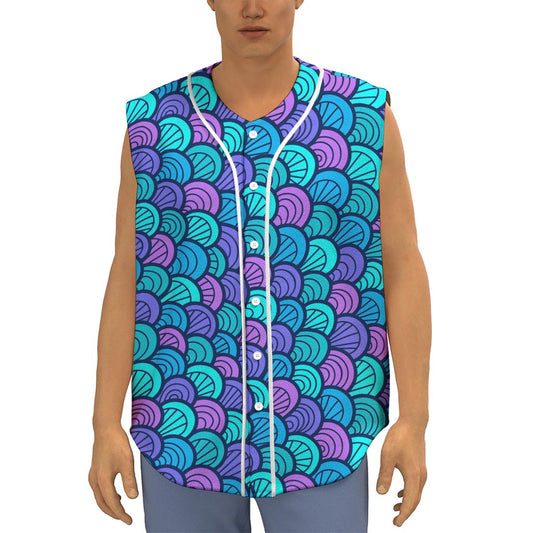 Teal Pink Mermaid Scales Pattern Print Sleeveless Baseball Jersey