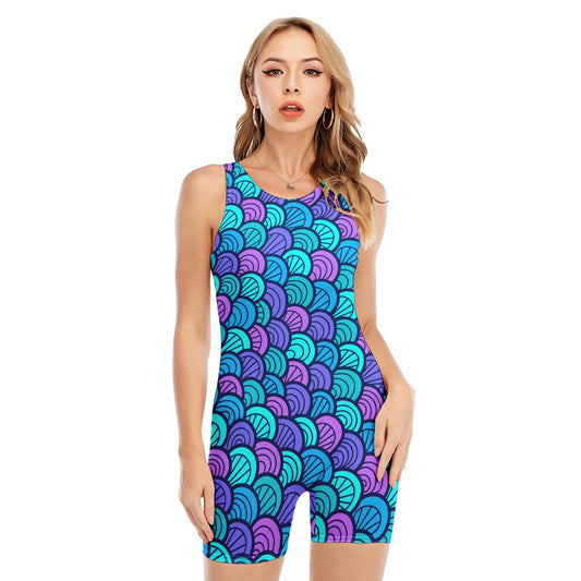 Teal Pink Mermaid Scales Pattern Print Sleeveless One Piece Swimsuit