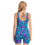 Teal Pink Mermaid Scales Pattern Print Sleeveless One Piece Swimsuit