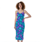 Teal Pink Mermaid Scales Pattern Print Slim Fit Midi Cami Dress