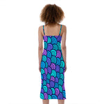 Teal Pink Mermaid Scales Pattern Print Slim Fit Midi Cami Dress