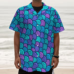 Teal Pink Mermaid Scales Pattern Print Textured Short Sleeve Shirt