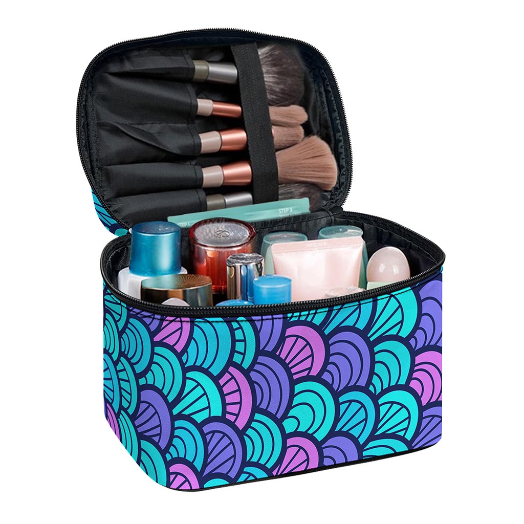 Teal Pink Mermaid Scales Pattern Print Travel Makeup Bag