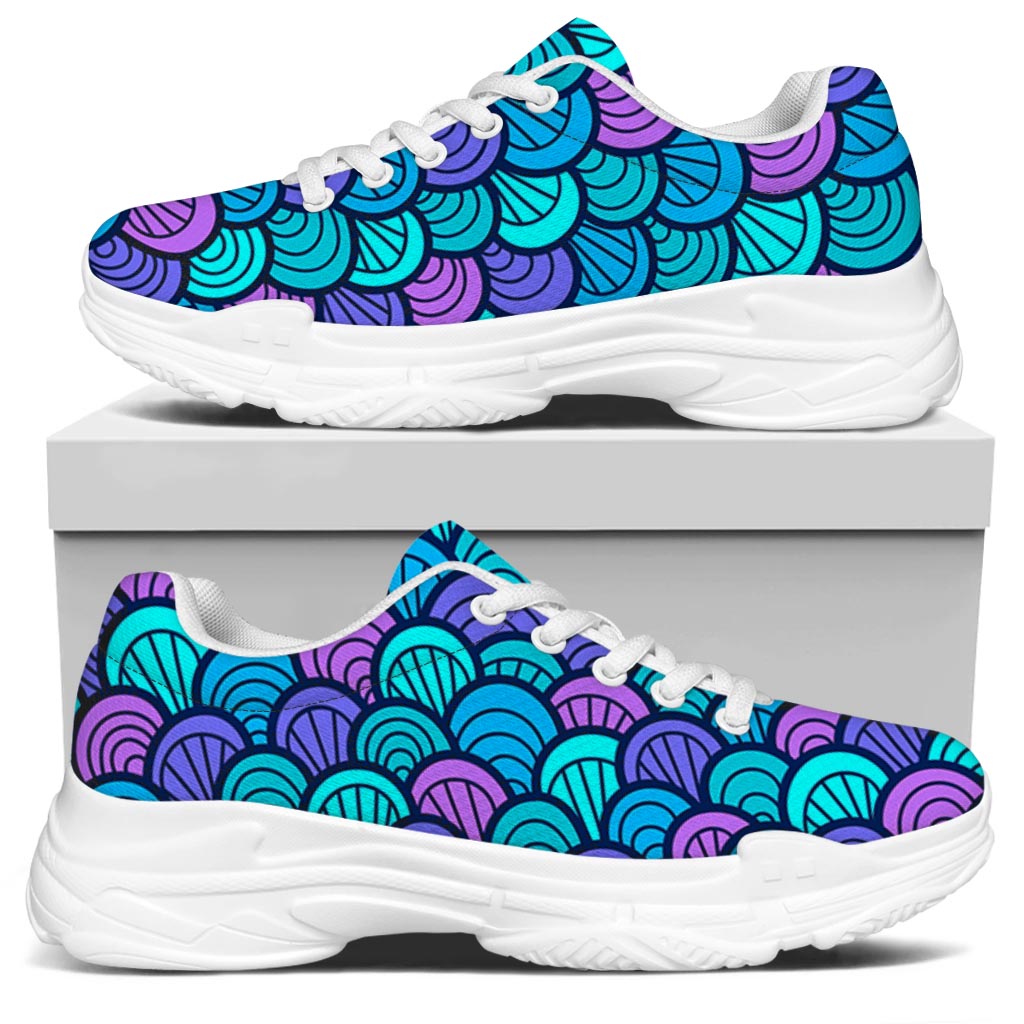 Teal Pink Mermaid Scales Pattern Print White Chunky Shoes