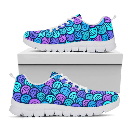 Teal Pink Mermaid Scales Pattern Print White Running Shoes