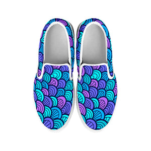 Teal Pink Mermaid Scales Pattern Print White Slip On Sneakers