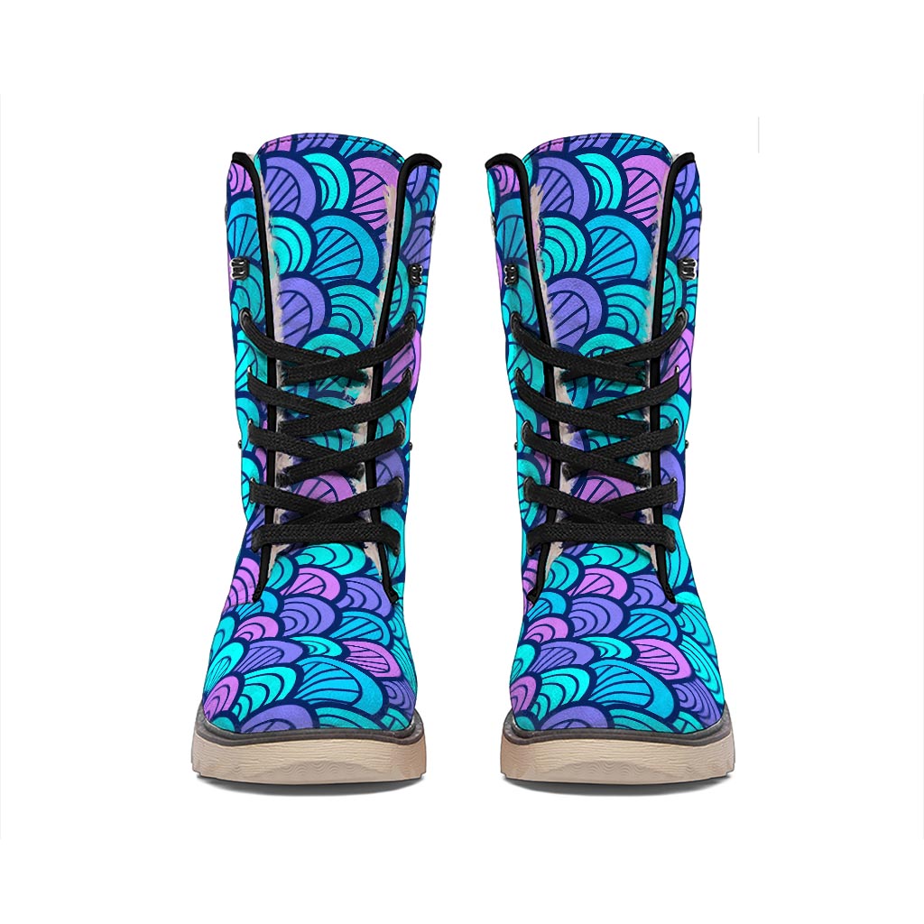 Teal Pink Mermaid Scales Pattern Print Winter Boots