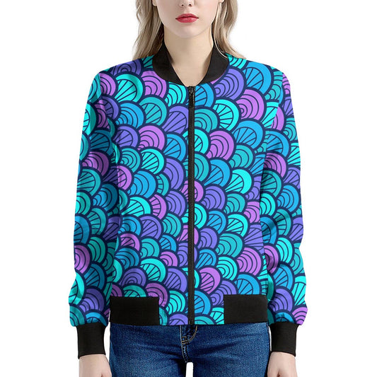 Teal Pink Mermaid Scales Pattern Print Women's Bomber Jacket