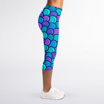Teal Pink Mermaid Scales Pattern Print Women's Capri Leggings