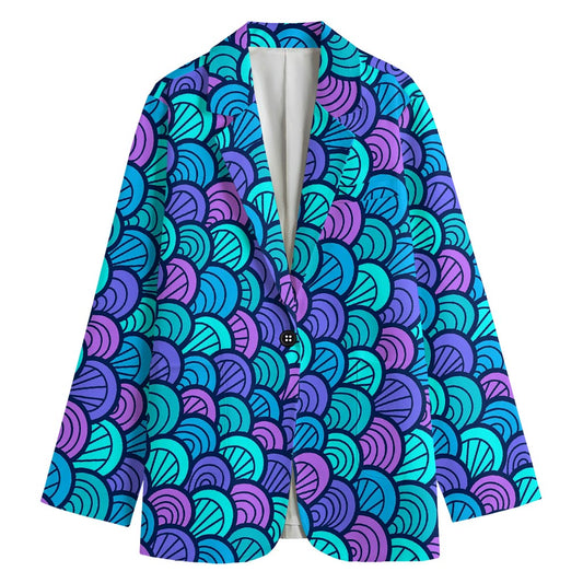 Teal Pink Mermaid Scales Pattern Print Women's Cotton Blazer