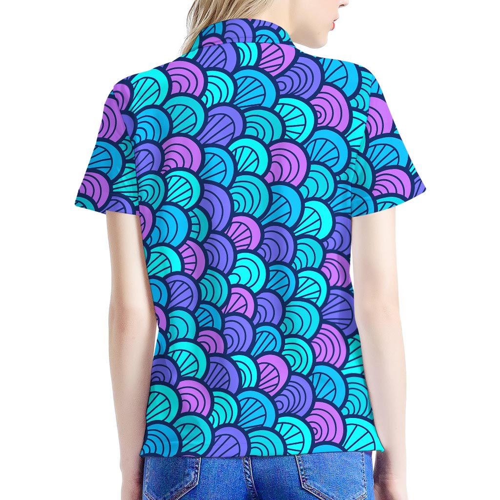 Teal Pink Mermaid Scales Pattern Print Women's Polo Shirt