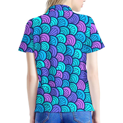 Teal Pink Mermaid Scales Pattern Print Women's Polo Shirt