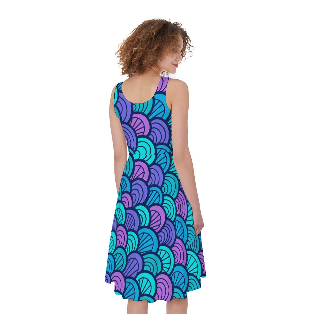 Teal Pink Mermaid Scales Pattern Print Women's Sleeveless Dress