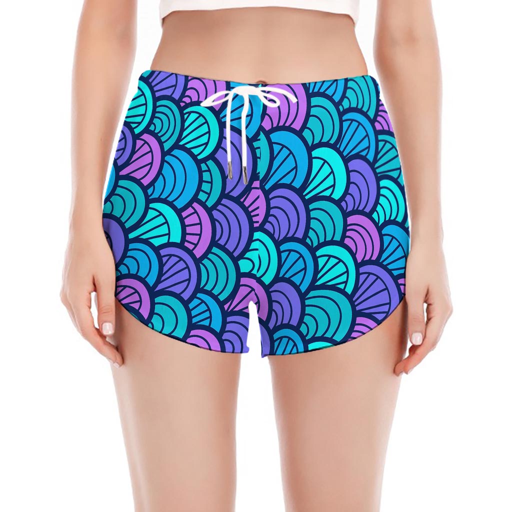 Teal Pink Mermaid Scales Pattern Print Women's Split Running Shorts
