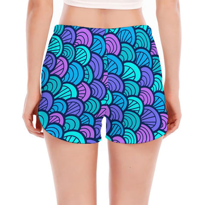 Teal Pink Mermaid Scales Pattern Print Women's Split Running Shorts