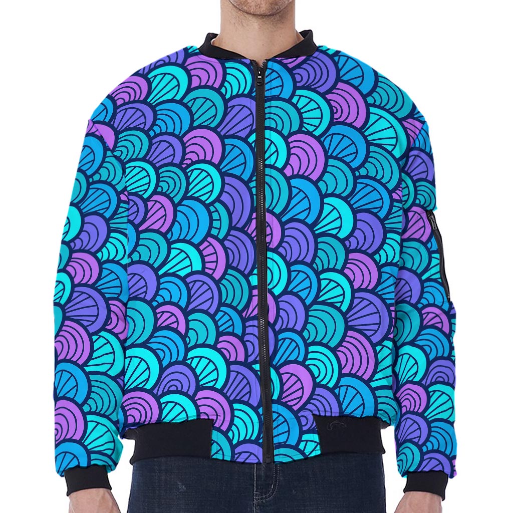 Teal Pink Mermaid Scales Pattern Print Zip Sleeve Bomber Jacket