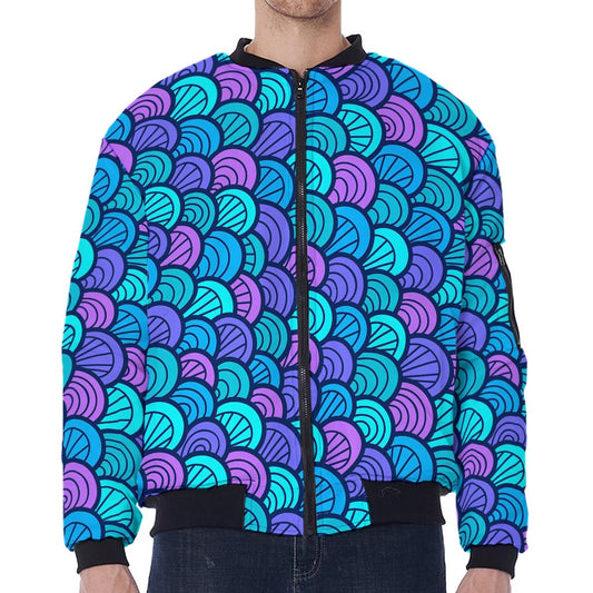 Teal Pink Mermaid Scales Pattern Print Zip Sleeve Bomber Jacket