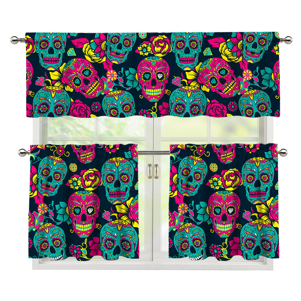 Teal Pink Sugar Skull Pattern Print 3 Piece Kitchen Curtains