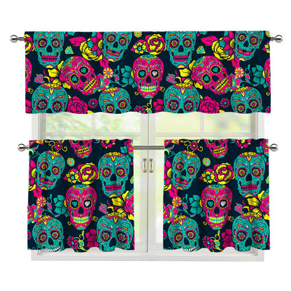 Teal Pink Sugar Skull Pattern Print 3 Piece Kitchen Curtains