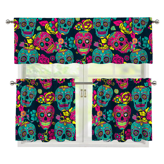 Teal Pink Sugar Skull Pattern Print 3 Piece Kitchen Curtains