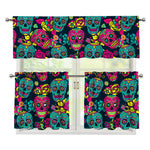 Teal Pink Sugar Skull Pattern Print 3 Piece Kitchen Curtains