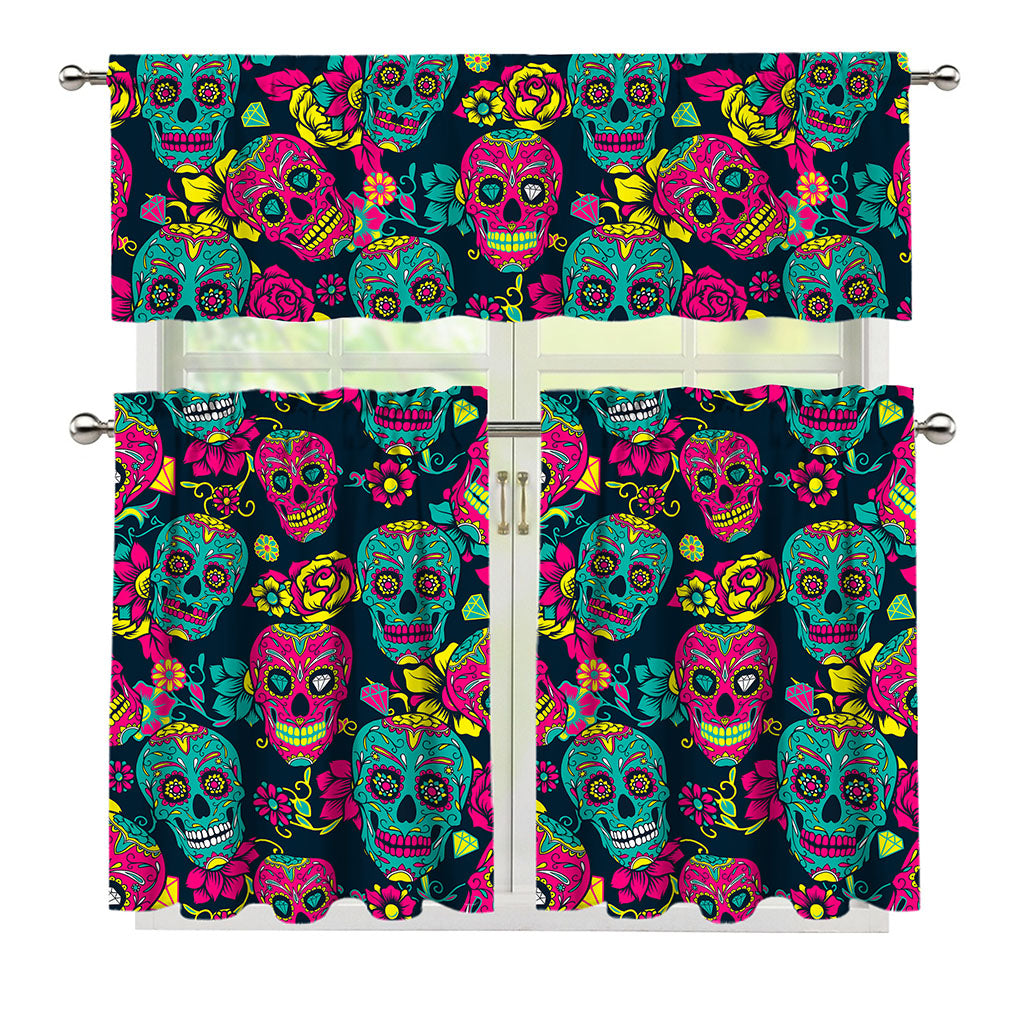 Teal Pink Sugar Skull Pattern Print 3 Piece Kitchen Curtains