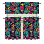 Teal Pink Sugar Skull Pattern Print 3 Piece Kitchen Curtains