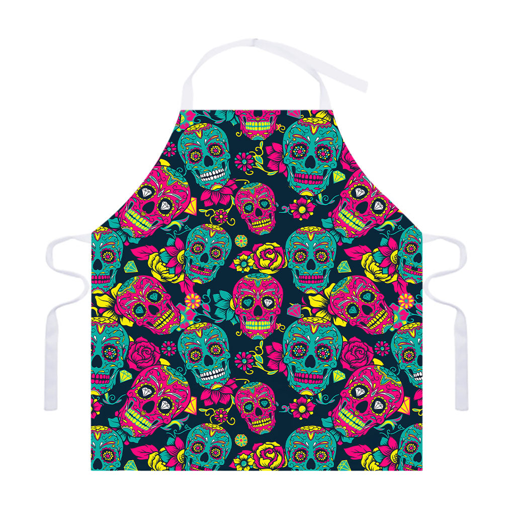 Teal Pink Sugar Skull Pattern Print Adjustable Apron