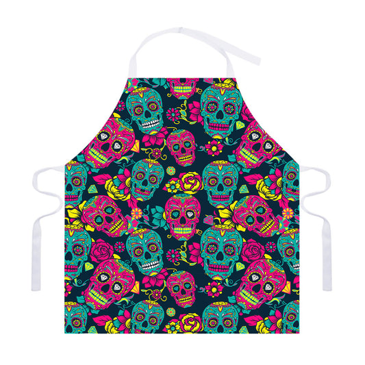 Teal Pink Sugar Skull Pattern Print Adjustable Apron