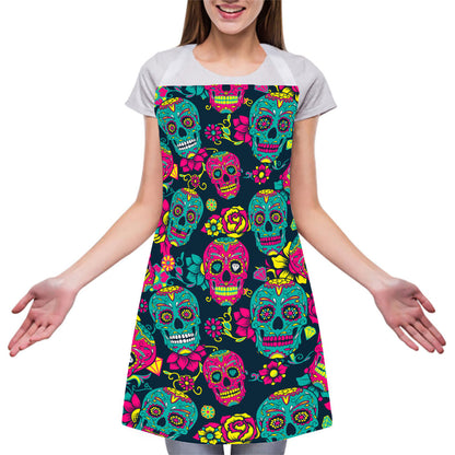 Teal Pink Sugar Skull Pattern Print Adjustable Apron